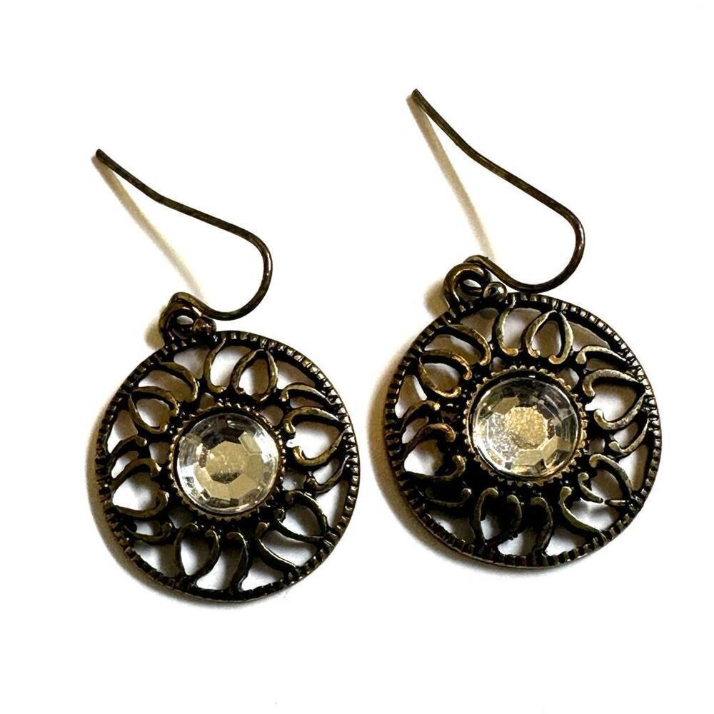 Brass tone circle rhienstone earrings